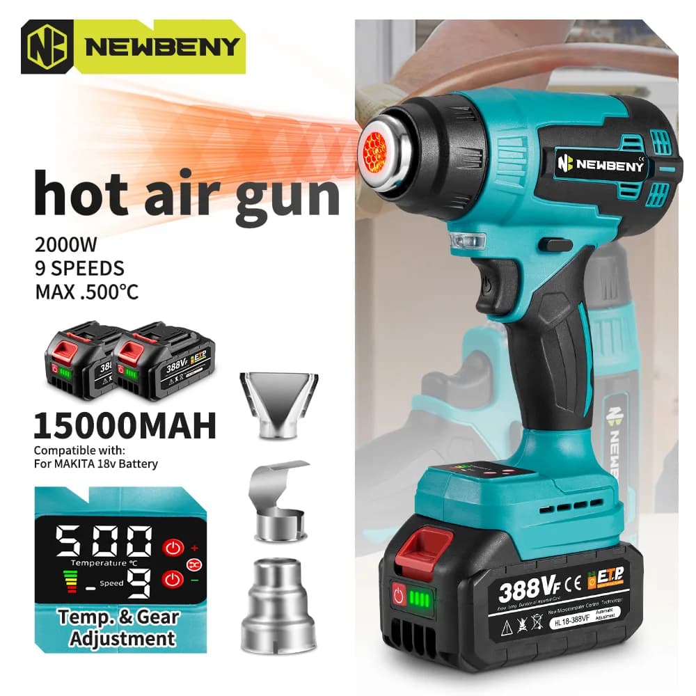 NEWBENY 500℃ Electric Hot Air Gun 2000W Heat Gun Cordless Rechargeable Industrial Home Welding Tools For Makita Battery Pin