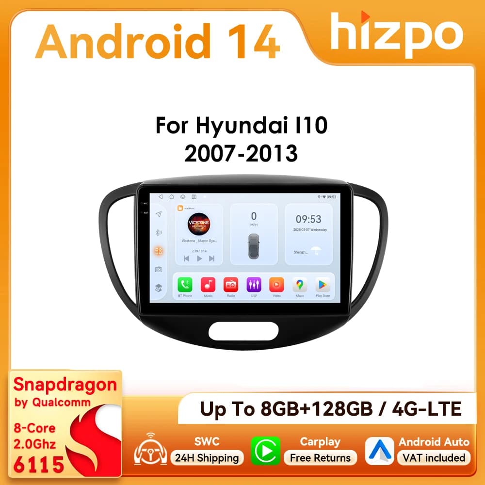 9" Hizpo 2Din Android14 Car Radio for Hyundai i10 2007- 2013 BT 4G Auto CarPlay Navi GPS RDS DSP Snapdragon 6115 360°CAM