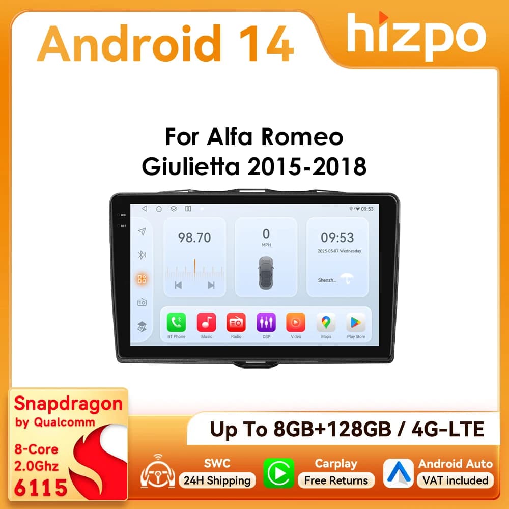 9" Hizpo 2Din CarPlay Android Auto Car Radio for Alfa Romeo Giulietta 2015 -2018 Snapdragon 6115 RDS DSP 4G BT GPS Navi 360°CAM