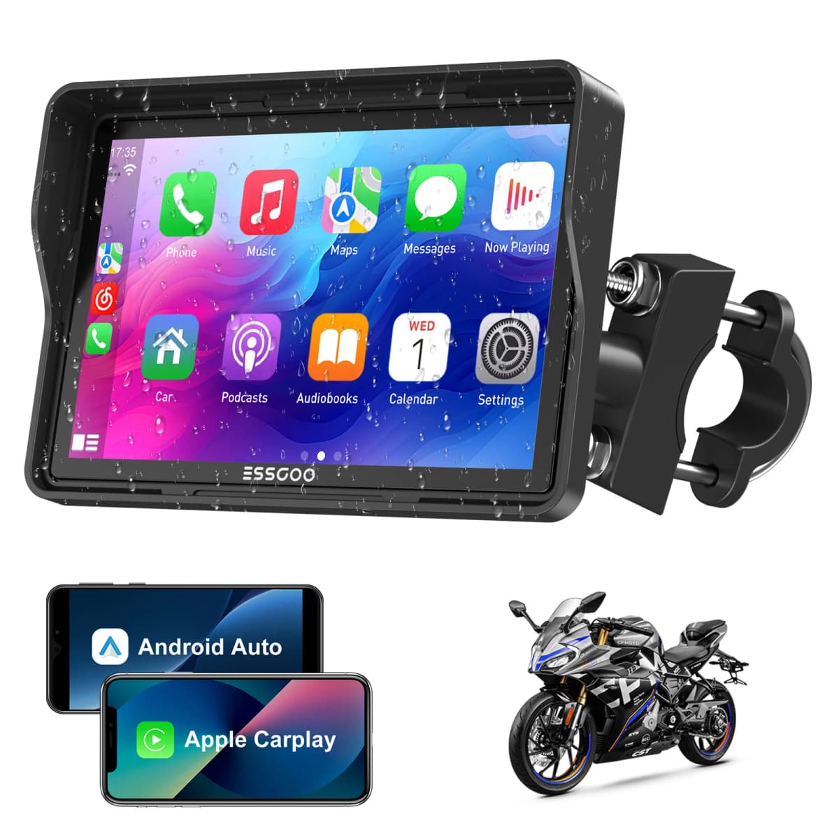ESSGOO 5" Motorcycle Portable Wireless Apple Carplay Android Auto IP67 Waterproof GPS Nav Bluetooth Touch Screen USB TF