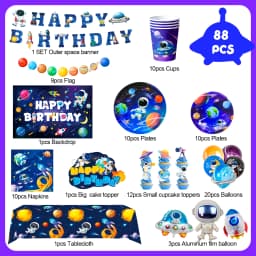 Space Birthday Party Decorations,88pcsBirthday Decorations&Outer Space Birthday Tableware Set -Party Plates Tablecloth Backdrop