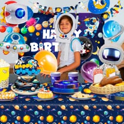 Space Birthday Party Decorations,88pcsBirthday Decorations&Outer Space Birthday Tableware Set -Party Plates Tablecloth Backdrop