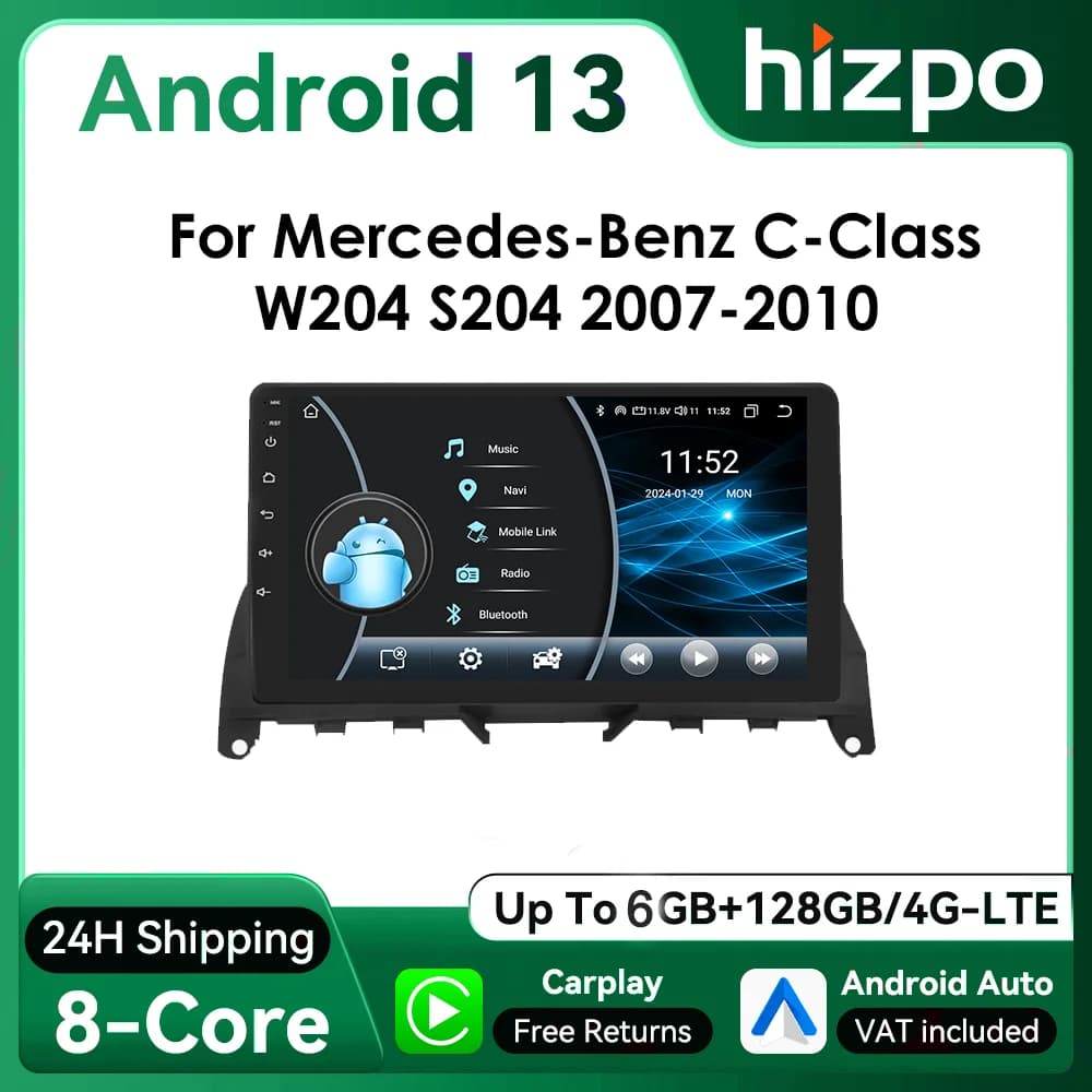 9“ Hizpo 2Din Android Auto Wireless CarPlay Car Radio for Mercedes Benz C-Class W204 S204 2007 - 2010 GPS RDS DSP UI8581 System