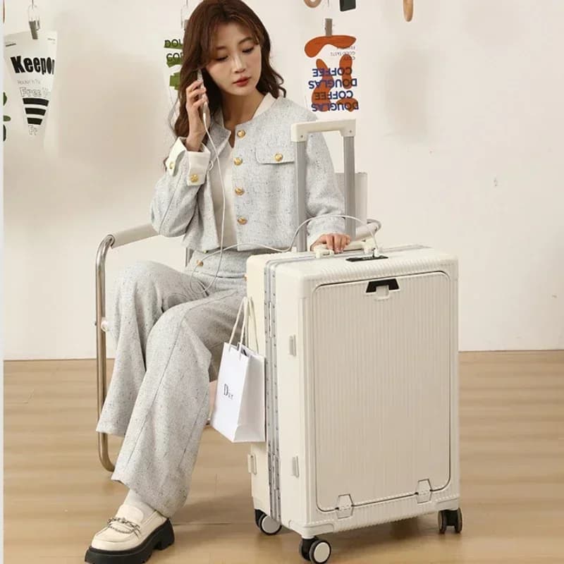 Front Opening Large Capacity Rolling Luggage Case Aluminum Frame Trolley Case Boarding Suitcase With cup holders