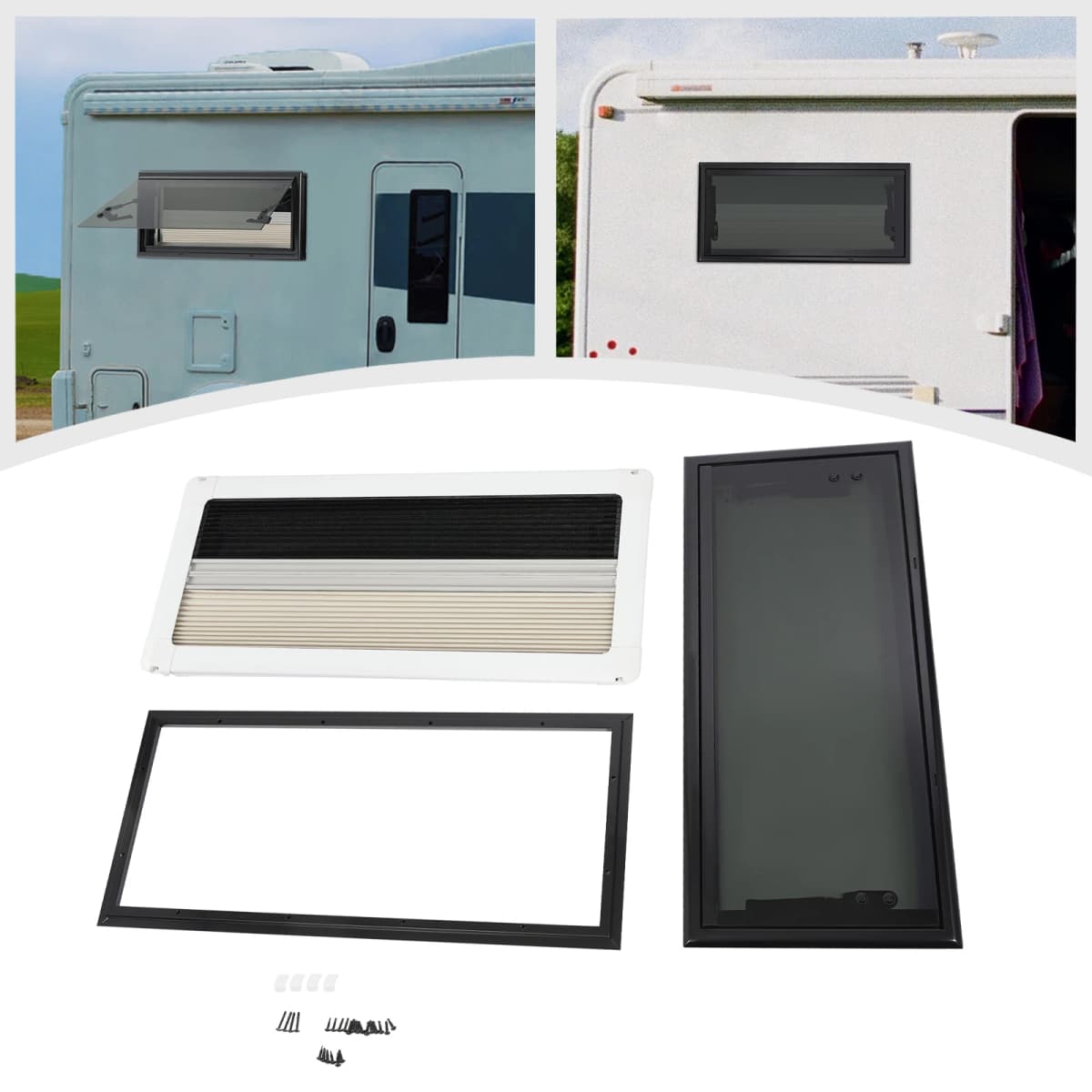 700x300mm RV Tempered Glass Push Out Window Rounded Corners/Right Angle Caravan Camper Windows with Screen Window Sunshade