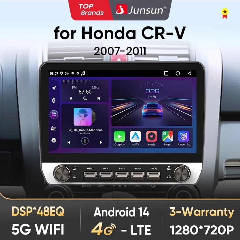 Junsun 10" Button Car Radio forHonda CR-V 2007-2011 GPS Multimedia Stereo BT FM RDS Wireless CarPlay for Apple Android Auto 4G