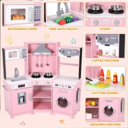 Corner Play Kitchen for Kids, Wooden Pretend Toy Kitchen, Large Toodler Cooking Playset w/Washer, Range Hood w/Light & Sound