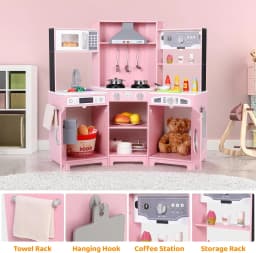 Corner Play Kitchen for Kids, Wooden Pretend Toy Kitchen, Large Toodler Cooking Playset w/Washer, Range Hood w/Light & Sound