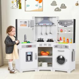 Corner Play Kitchen for Kids, Wooden Pretend Toy Kitchen, Large Toodler Cooking Playset w/Washer, Range Hood w/Light & Sound