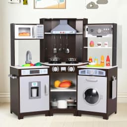 Corner Play Kitchen for Kids, Wooden Pretend Toy Kitchen, Large Toodler Cooking Playset w/Washer, Range Hood w/Light & Sound
