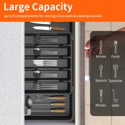 VickyHome Utensil Tray,Cutlery Tray Organizer for Kitchen,Wooden Utensil Drawer Organizer,8 Compartment Expandable Cutlery Tray