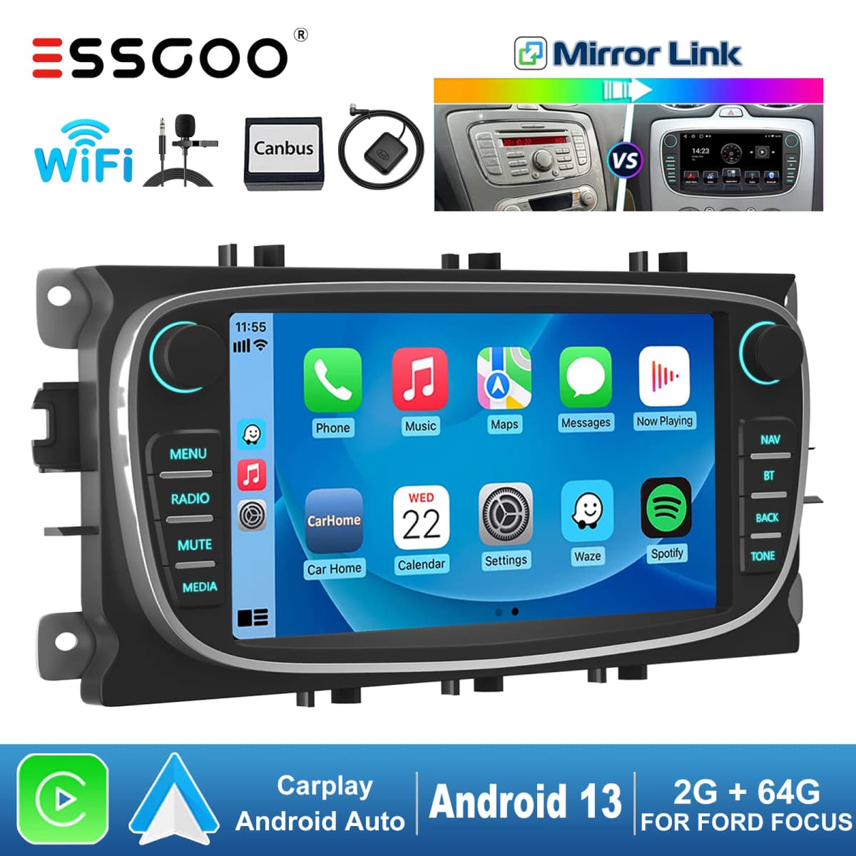 ESSGOO 7" Android 13 2+64G Carplay Car Stereo GPS NAV Wifi BT MIC FM RDS Radio For Focus MK2 Mondeo Cmax Galaxy Smax Kuga
