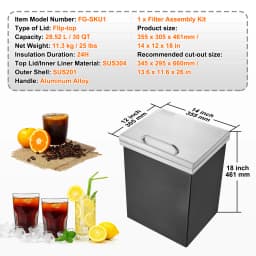 SucceBuy Drop in Ice Chest Stainless Steel Ice Cooler Commercial Ice Bin with Hinged Cover Outdoor Kitchen Ice Bar