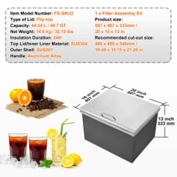 SucceBuy Drop in Ice Chest Stainless Steel Ice Cooler Commercial Ice Bin with Hinged Cover Outdoor Kitchen Ice Bar