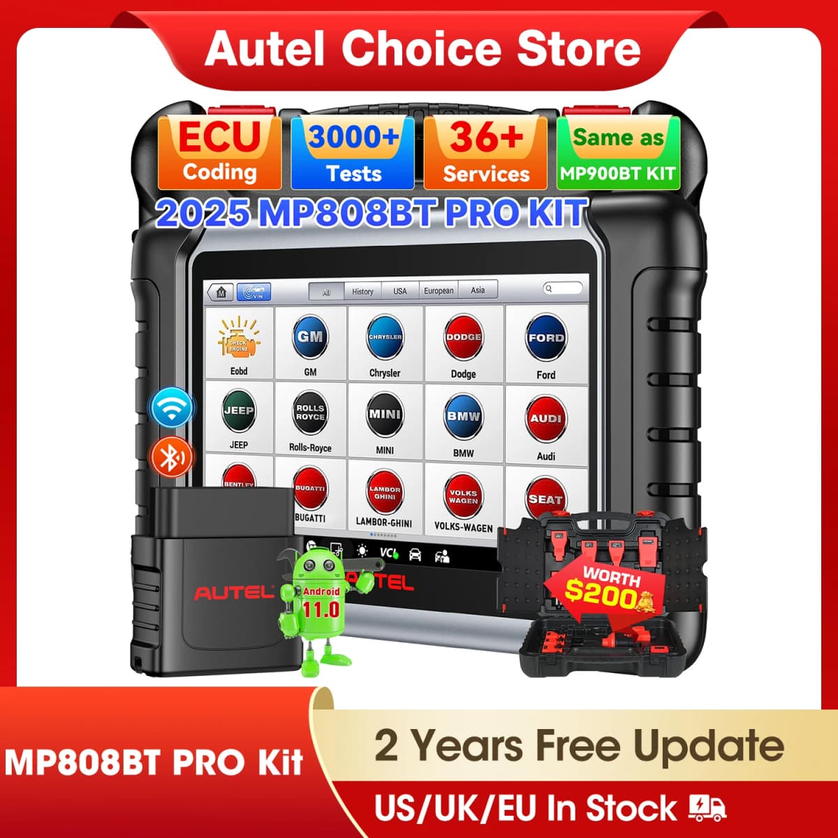 Autel MaxiPRO MP808BT Pro Kit OBD2 Diagnostic Tool ECU Coding Refresh Hidden,VAG Guided,38+ Services Upgrade of MP808S MP808BT