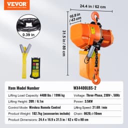 SucceBuy 4400lbs Electric Chain Hoist 21.6 ft/min Three Phase Overhead Crane with G100 Chain Wireless Control for Garage Litfing