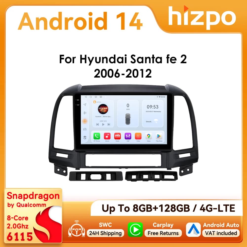 9" Hizpo 2Din CarPlay Android Auto Car Radio for Hyundai Santa Fe 2 2006 - 2012 Snapdragon 6115 GPS RDS DSP BT 4G SWC 360°CAM