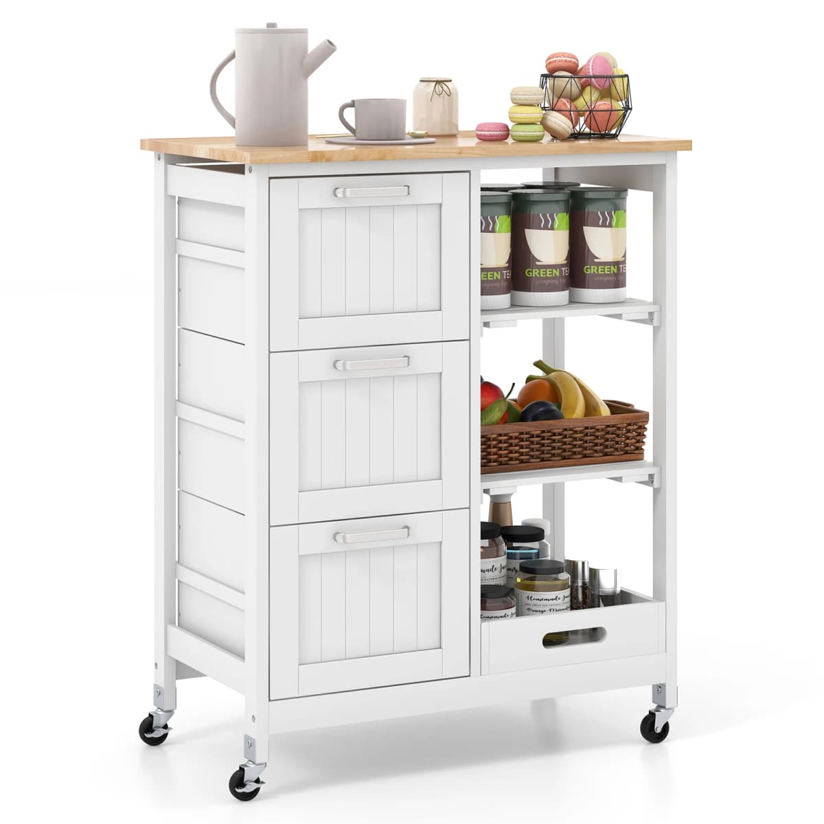 Kitchen trolley with tray, 2-level storage rack and 3 large drawers, kitchen wardrobe rollable, rubber wood kitchen island