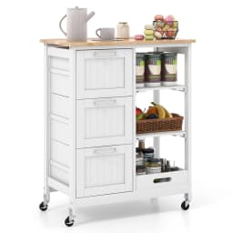 Kitchen trolley with tray, 2-level storage rack and 3 large drawers, kitchen wardrobe rollable, rubber wood kitchen island