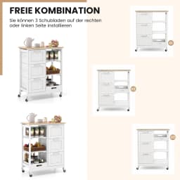 Kitchen trolley with tray, 2-level storage rack and 3 large drawers, kitchen wardrobe rollable, rubber wood kitchen island