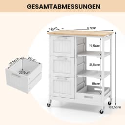 Kitchen trolley with tray, 2-level storage rack and 3 large drawers, kitchen wardrobe rollable, rubber wood kitchen island