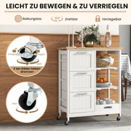 Kitchen trolley with tray, 2-level storage rack and 3 large drawers, kitchen wardrobe rollable, rubber wood kitchen island
