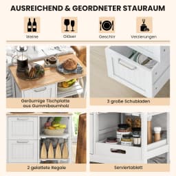 Kitchen trolley with tray, 2-level storage rack and 3 large drawers, kitchen wardrobe rollable, rubber wood kitchen island
