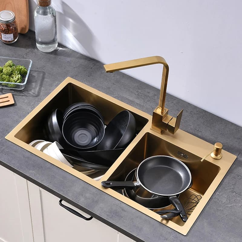 Gold Kitchen Sink Above Counter Double Bowl Goldn Basket Drainer Soap Dispenser Washing Basin 304 Stainless Steel Sinks