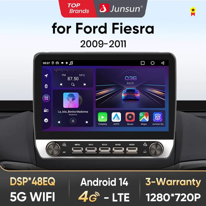 Junsun 10" Button Car Radio for Ford Fiesta 2009-2017 GPS Multimedia Stereo BT FM RDS Wireless CarPlay for Apple Android Auto 4G