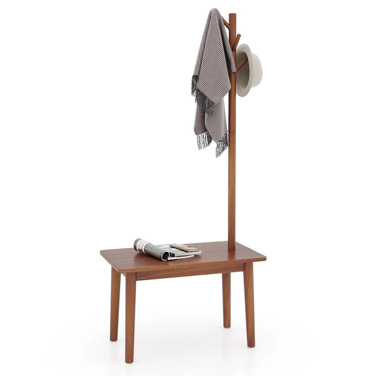 3 in 1 solid wood side table coat rack with shoe bench & 3 hooks, multi-functional freestanding dresses stand