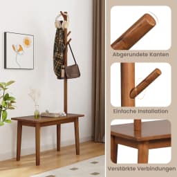 3 in 1 solid wood side table coat rack with shoe bench & 3 hooks, multi-functional freestanding dresses stand