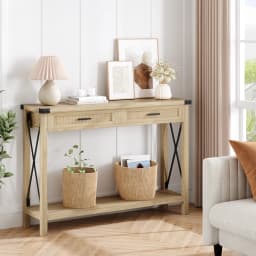 Farmhouse Entryway Table 2-Tier Narrow Console Table with Storage with Rattan Drawers Sofa Table for Living Room Hallway Foyer