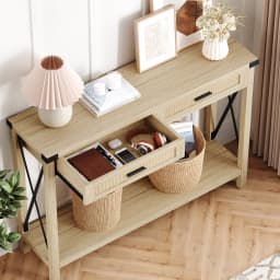 Farmhouse Entryway Table 2-Tier Narrow Console Table with Storage with Rattan Drawers Sofa Table for Living Room Hallway Foyer