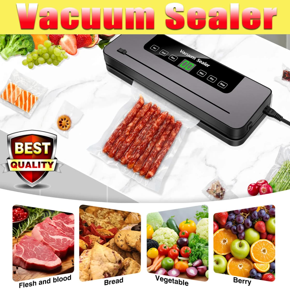 Electric Vacuum Sealer Dry/Wet Food Sealed Packaging Kitchen Food Storage Seal UV Sterilization Built-in Cutter Knife