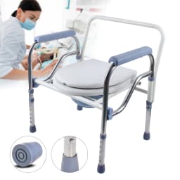Folding Height Adjustable Commode Chair Stainless Steel Toilet Chair with Bucket Lid Armrests for Disabled Elderly