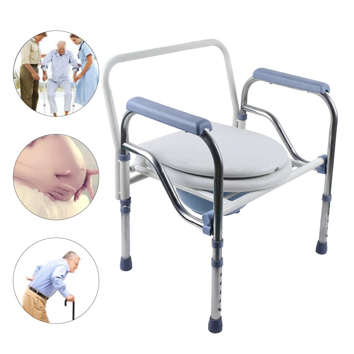Folding Height Adjustable Commode Chair Stainless Steel Toilet Chair with Bucket Lid Armrests for Disabled Elderly