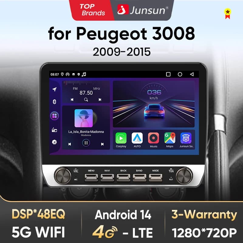 Junsun 10" Button Car Radio forPeugeot 3008 2009-2015 GPS Multimedia Stereo BT FM RDS Wireless CarPlay for Apple Android Auto 4G