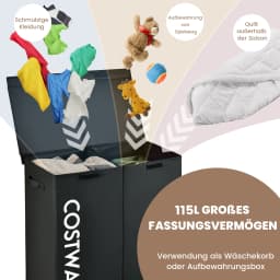 115L laundry basket with lid, laundry collector 2 hand fan, non-woven fabric laundry box with handles, 62x31x60 cm, Black