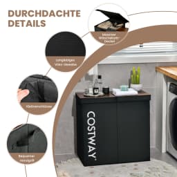 115L laundry basket with lid, laundry collector 2 hand fan, non-woven fabric laundry box with handles, 62x31x60 cm, Black