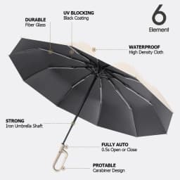Automatic Umbrella Water Resistant Anti-slip Handle Protective Sleeve Fold 10 Ribs Umbrella for Men and Women Carabiner Handle T