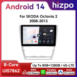 10.1" Hizpo 2Din Android13 Car Radio for Skoda Octavia 2 2008 - 2013 BT 4G CarPlay GPS Navigation RDS DSP SWC UI7862 Multimedia
