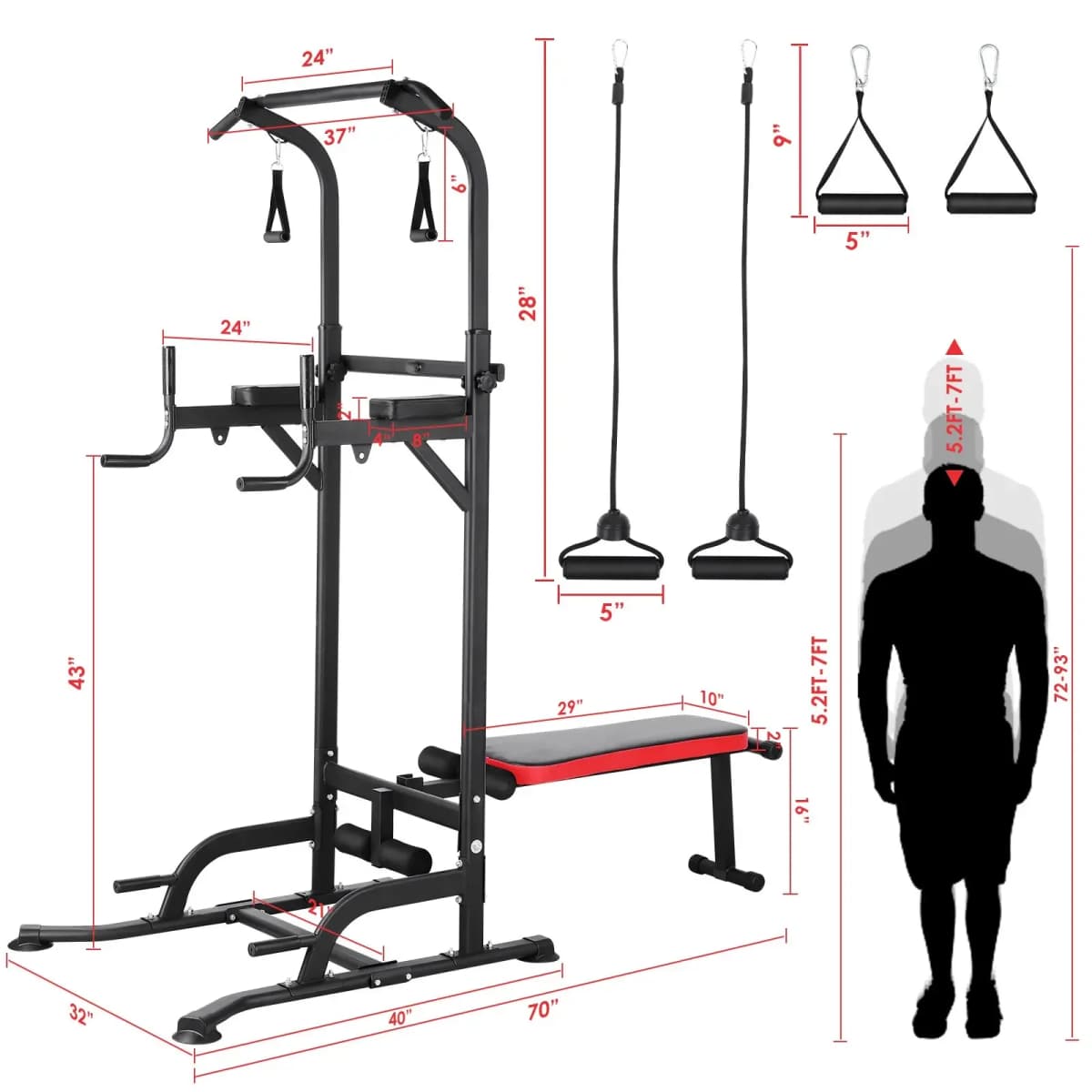 Power Tower with Bench, Pull Up Bar Stand, Dip Bar w/Folding Bench 4 Ropes Strength Training, Multi-Function Fitness Equipment