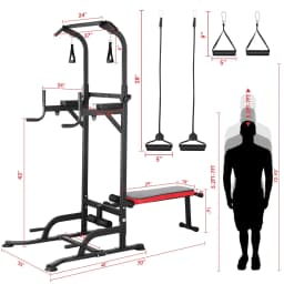 Power Tower with Bench, Pull Up Bar Stand, Dip Bar w/Folding Bench 4 Ropes Strength Training, Multi-Function Fitness Equipment