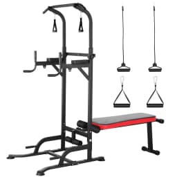 Power Tower with Bench, Pull Up Bar Stand, Dip Bar w/Folding Bench 4 Ropes Strength Training, Multi-Function Fitness Equipment