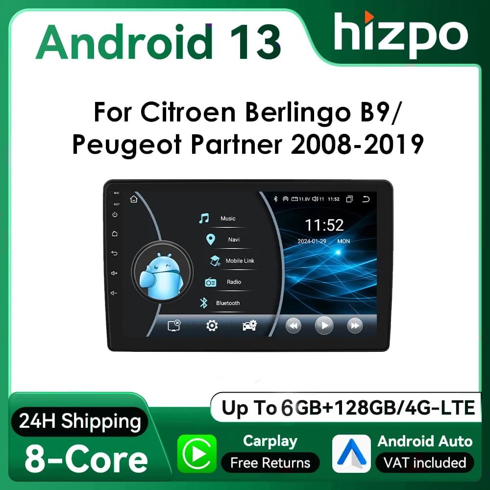9" Hizpo Android13 Car Radio for Citroen Berlingo B9 Peugeot Partner 2008 - 2019 Auto Stereo RDS DSP GPS CarPlay UI8581 System