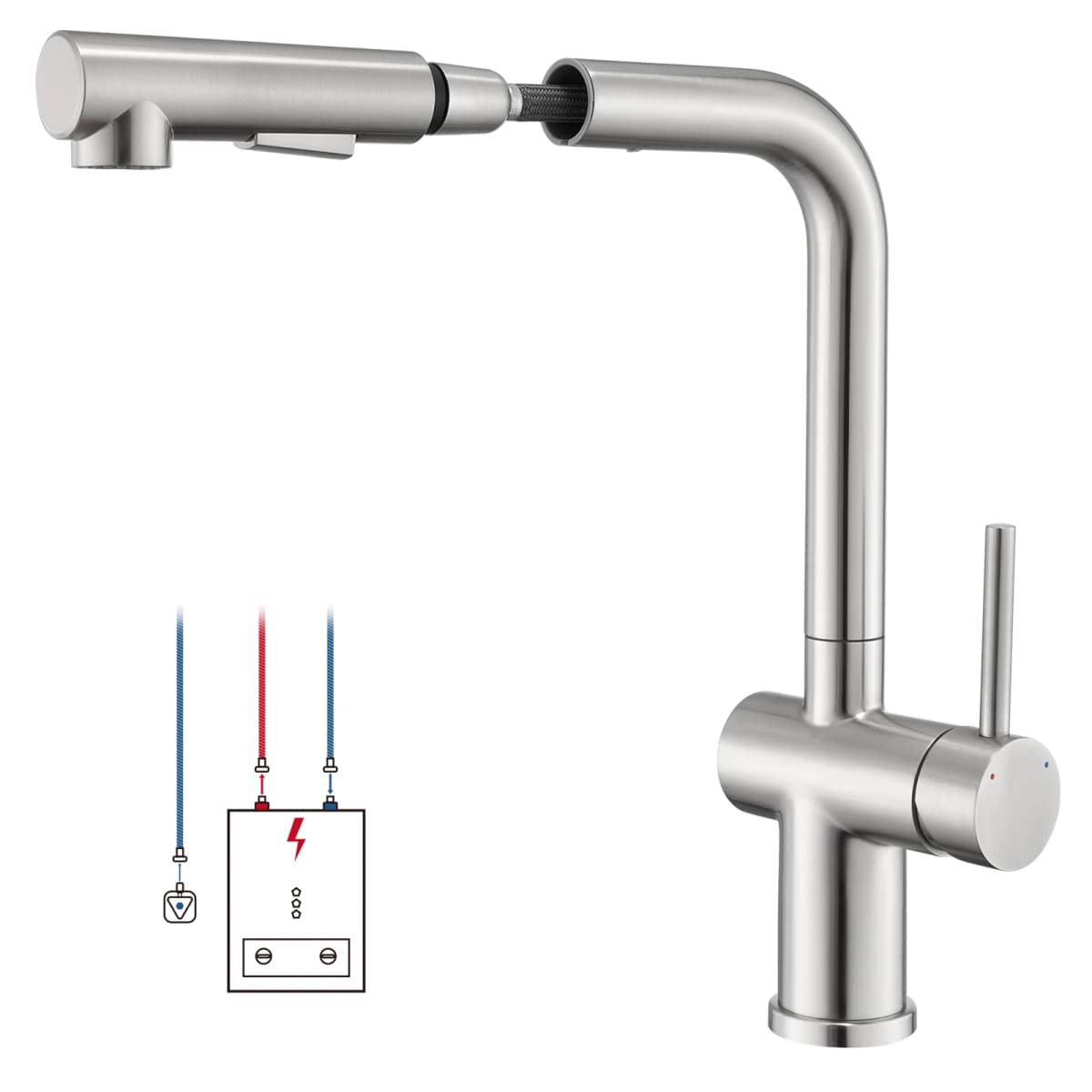 Oeegoo Low Pressure Kitchen Tap, Extendible,Two Water Jet Types,360°Rotatable Mixer Tap Kitchen for Boiler, Brushed