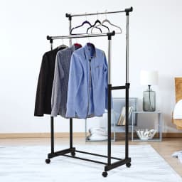 Dresses stand with 2 height adjustable dresses bars, coat rack stand on castors, rolling wardrobe trolley