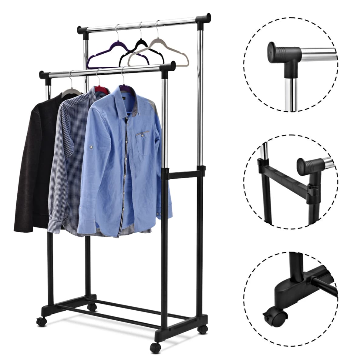 Dresses stand with 2 height adjustable dresses bars, coat rack stand on castors, rolling wardrobe trolley