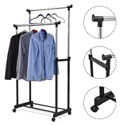 Dresses stand with 2 height adjustable dresses bars, coat rack stand on castors, rolling wardrobe trolley