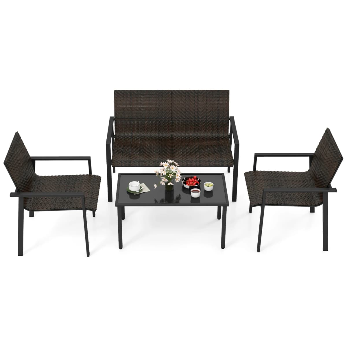 Polyrattan garden furniture set, 4-TLG. Terrace furniture, seating area, seating set for 4 people, garden set incl. 2 Chairs, bench